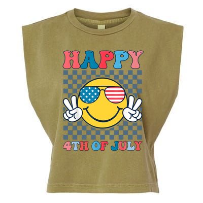 Happy 4th Of July Smile Sunglasses Patriotic American Flag Garment-Dyed Women's Muscle Tee