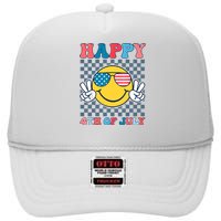 Happy 4th Of July Smile Sunglasses Patriotic American Flag High Crown Mesh Back Trucker Hat