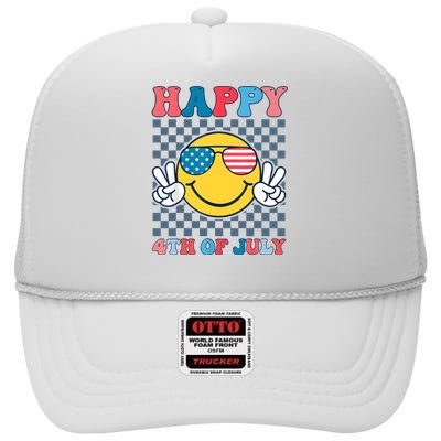 Happy 4th Of July Smile Sunglasses Patriotic American Flag High Crown Mesh Back Trucker Hat