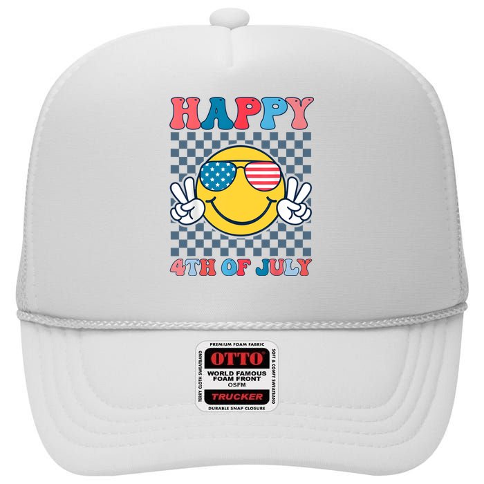 Happy 4th Of July Smile Sunglasses Patriotic American Flag High Crown Mesh Back Trucker Hat