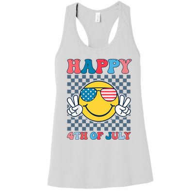 Happy 4th Of July Smile Sunglasses Patriotic American Flag Women's Racerback Tank