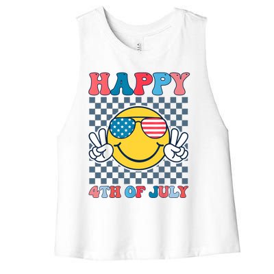 Happy 4th Of July Smile Sunglasses Patriotic American Flag Women's Racerback Cropped Tank