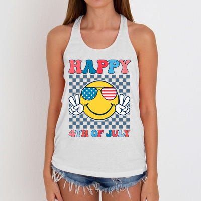 Happy 4th Of July Smile Sunglasses Patriotic American Flag Women's Knotted Racerback Tank