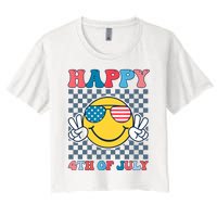 Happy 4th Of July Smile Sunglasses Patriotic American Flag Women's Crop Top Tee