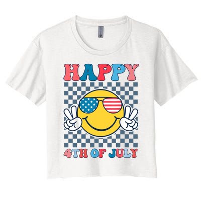 Happy 4th Of July Smile Sunglasses Patriotic American Flag Women's Crop Top Tee