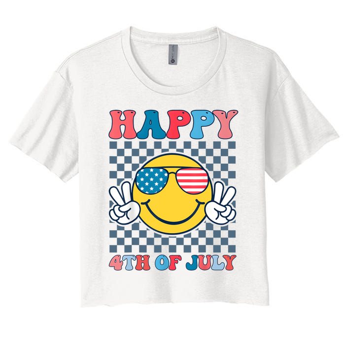 Happy 4th Of July Smile Sunglasses Patriotic American Flag Women's Crop Top Tee