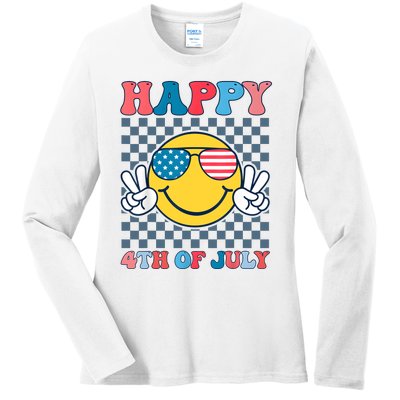 Happy 4th Of July Smile Sunglasses Patriotic American Flag Ladies Long Sleeve Shirt