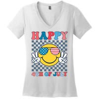 Happy 4th Of July Smile Sunglasses Patriotic American Flag Women's V-Neck T-Shirt