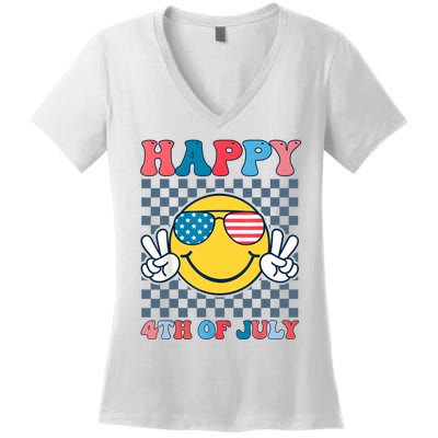 Happy 4th Of July Smile Sunglasses Patriotic American Flag Women's V-Neck T-Shirt