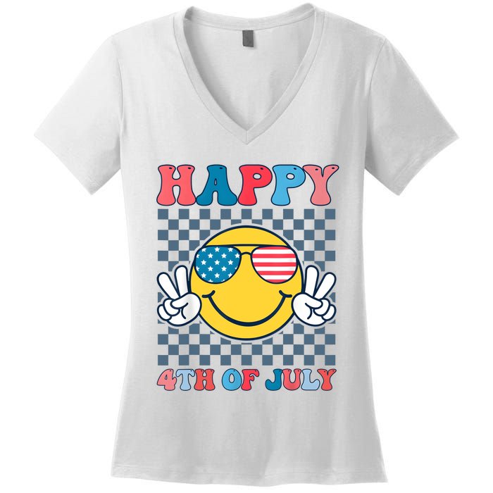 Happy 4th Of July Smile Sunglasses Patriotic American Flag Women's V-Neck T-Shirt