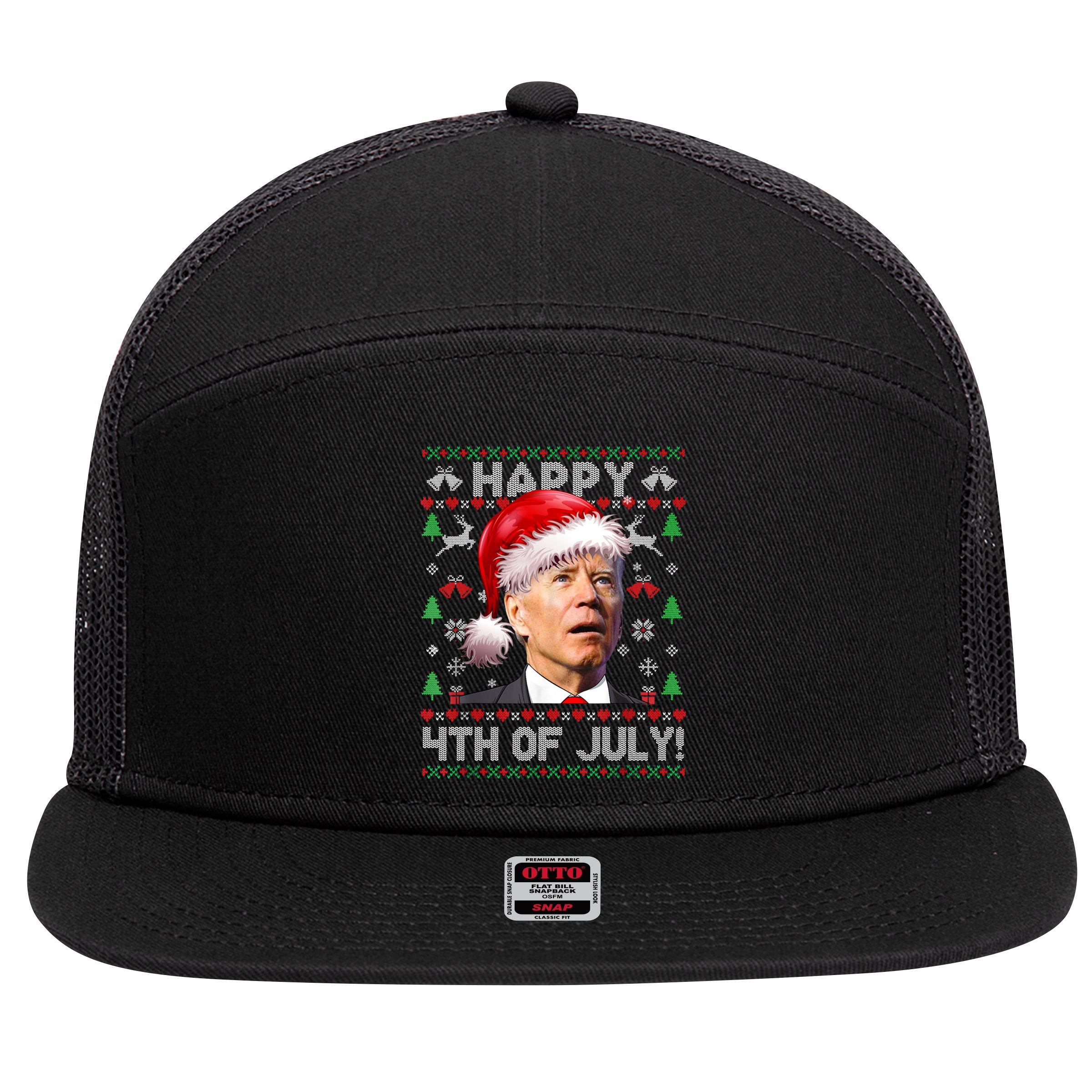 Happy 4th Of July Merry Santa Hat Biden Ugly Christmas 7 Panel Mesh Trucker Snapback Hat