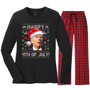 Happy 4th Of July Merry Santa Hat Biden Ugly Christmas Women's Long Sleeve Flannel Pajama Set 