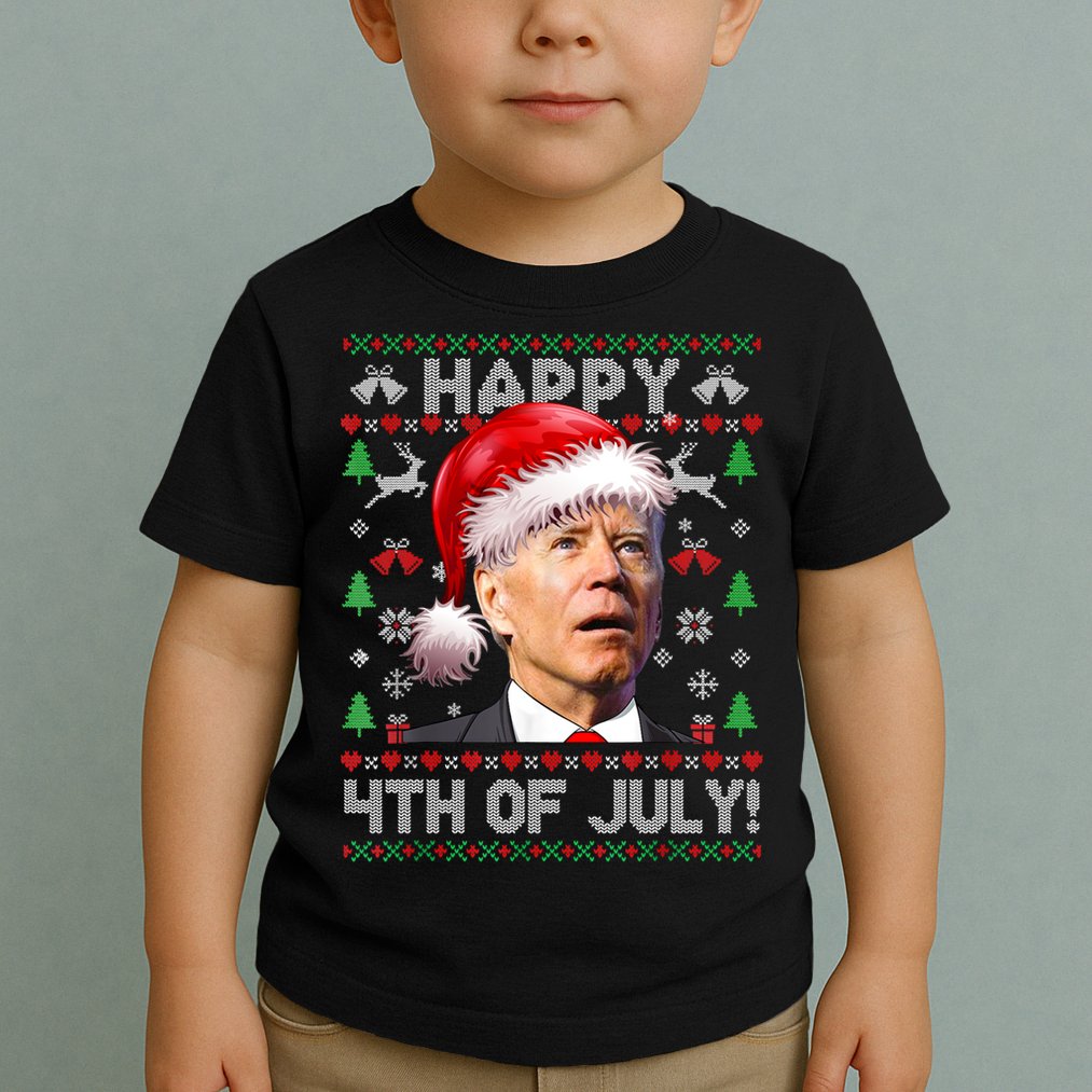 Happy 4th Of July Merry Santa Hat Biden Ugly Christmas Toddler T-Shirt