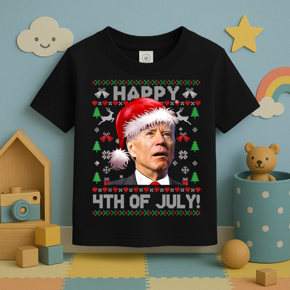 Happy 4th Of July Merry Santa Hat Biden Ugly Christmas Toddler T-Shirt