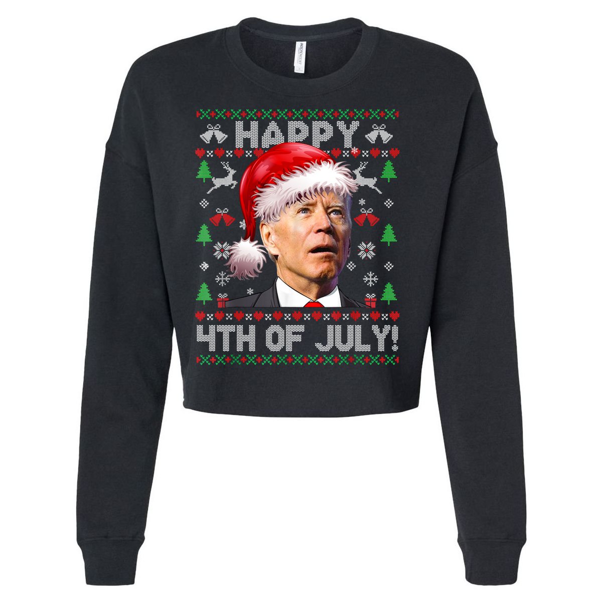 Happy 4th Of July Merry Santa Hat Biden Ugly Christmas Cropped Pullover Crew