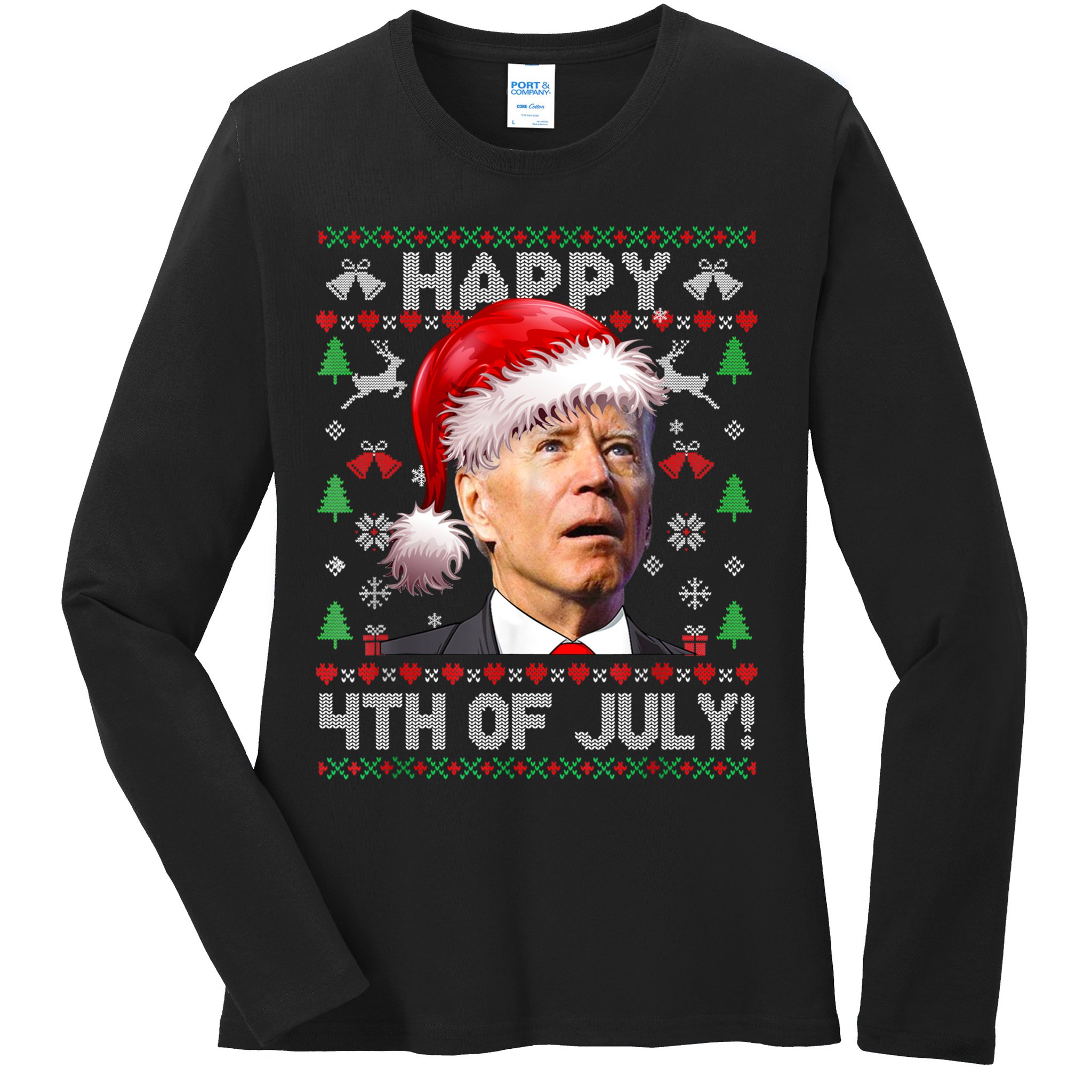Happy 4th Of July Merry Santa Hat Biden Ugly Christmas Ladies Long Sleeve Shirt