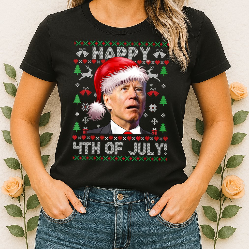 Happy 4th Of July Merry Santa Hat Biden Ugly Christmas Womens T-Shirt