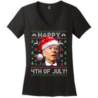 Happy 4th Of July Merry Santa Hat Biden Ugly Christmas Women's V-Neck T-Shirt