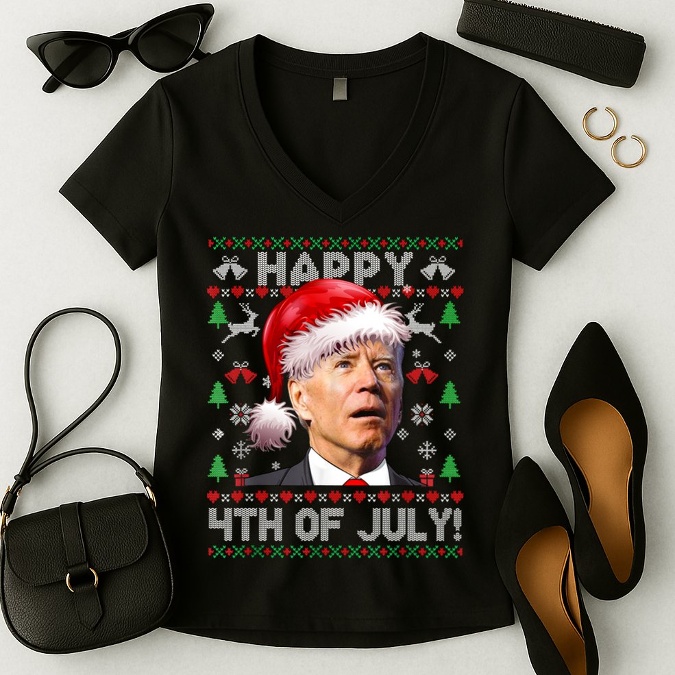 Happy 4th Of July Merry Santa Hat Biden Ugly Christmas Women's V-Neck T-Shirt