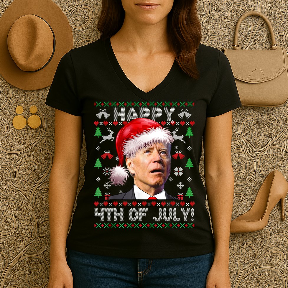 Happy 4th Of July Merry Santa Hat Biden Ugly Christmas Women's V-Neck T-Shirt