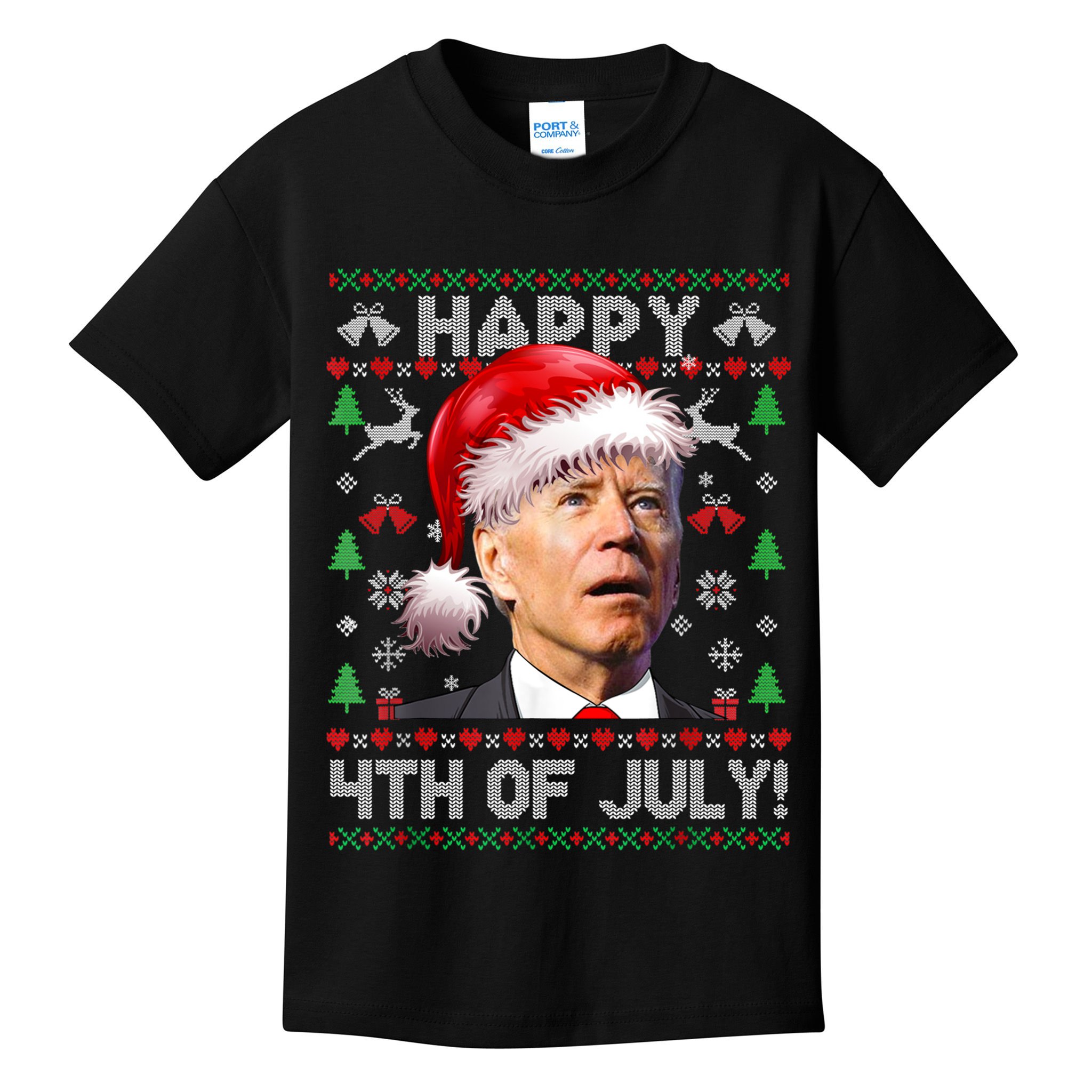 Happy 4th Of July Merry Santa Hat Biden Ugly Christmas Kids T-Shirt