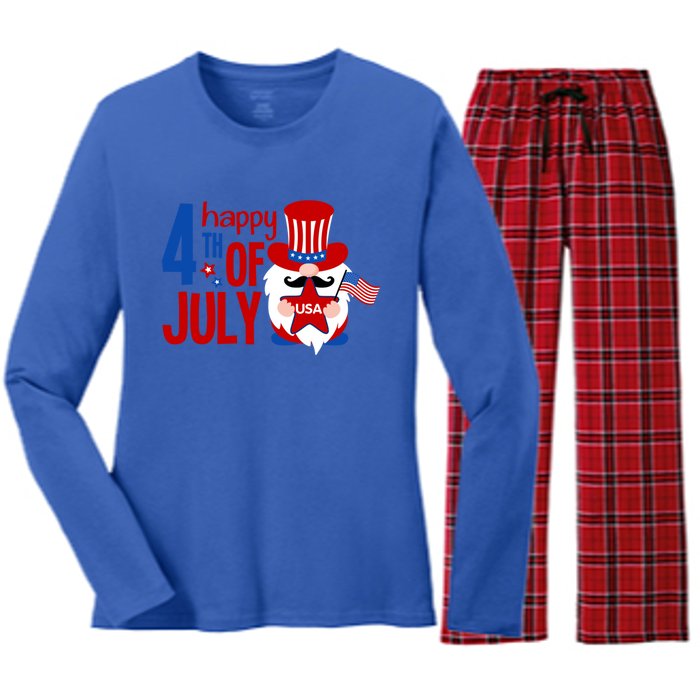 Happy 4th Of July Gnome Usa American Flag Patriotic Gnome Gift Women's Long Sleeve Flannel Pajama Set 