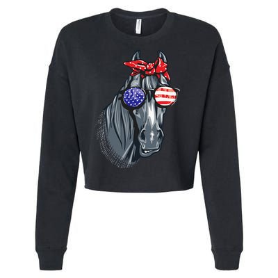 Horse 4th Of July Horse Graphic American Flag Cropped Pullover Crew