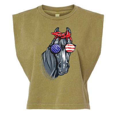 Horse 4th Of July Horse Graphic American Flag Garment-Dyed Women's Muscle Tee