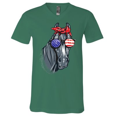 Horse 4th Of July Horse Graphic American Flag V-Neck T-Shirt