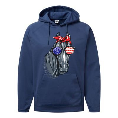 Horse 4th Of July Horse Graphic American Flag Performance Fleece Hoodie