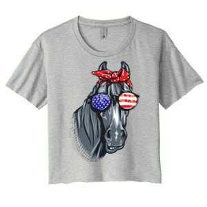 Horse 4th Of July Horse Graphic American Flag Women's Crop Top Tee