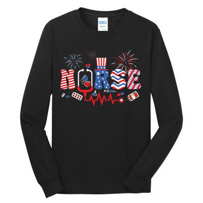 Happy 4th Of July Nurse Women Girl Scrub Top Tall Long Sleeve T-Shirt