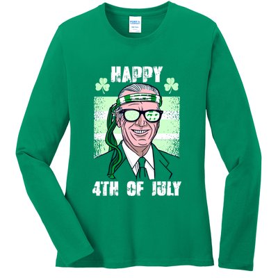 Happy 4th Of July Funny St. Patrick's Day Biden USA Flag Irish Ladies Long Sleeve Shirt