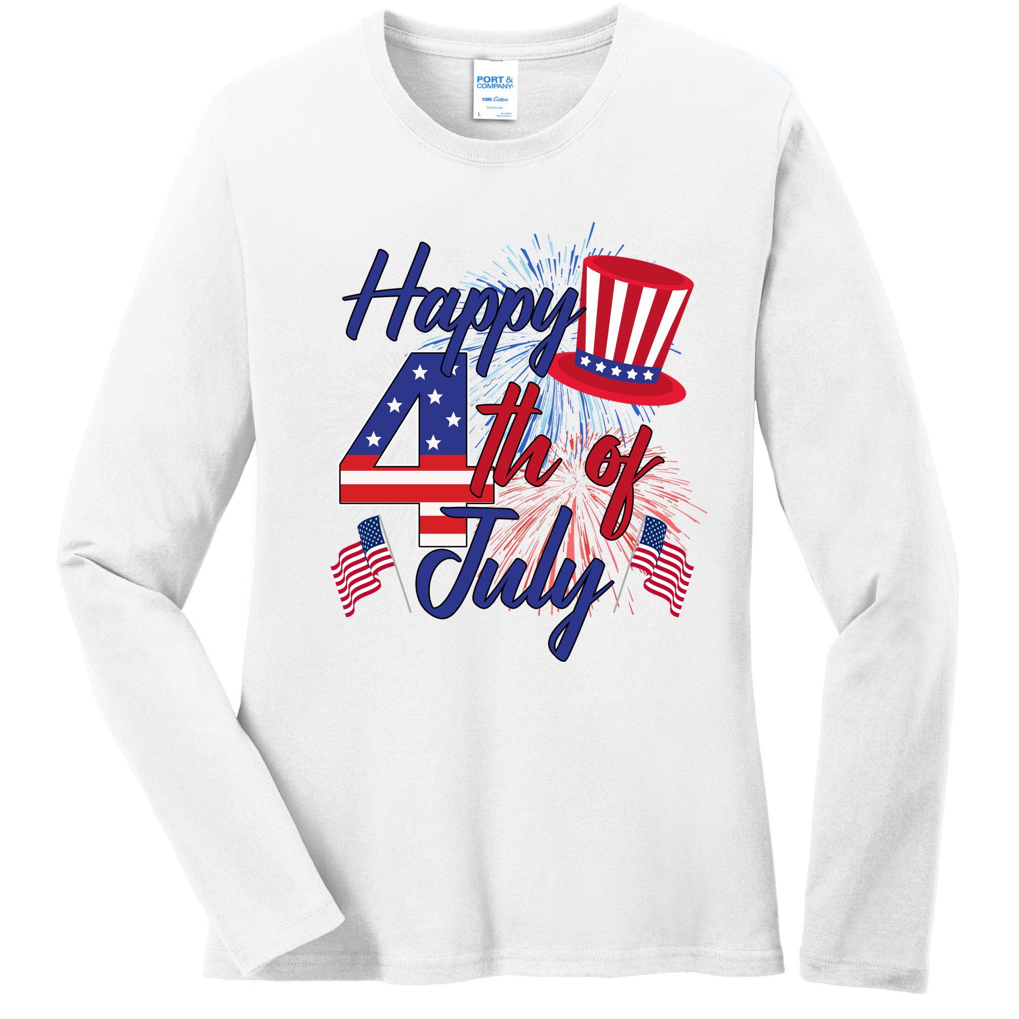 Happy 4th Of July Patriotic American Flag USA Ladies Long Sleeve Shirt
