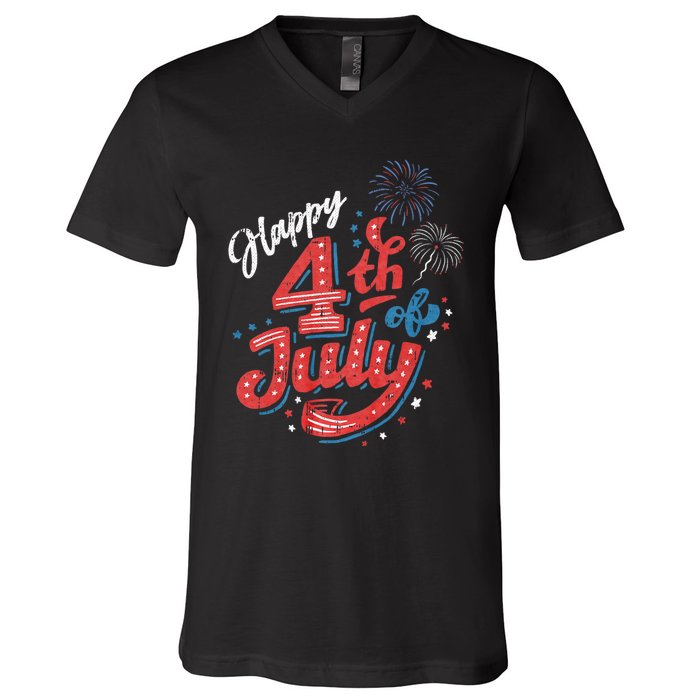 Happy 4th Of July Patriotic American Us Flag 4th Of July V-Neck T-Shirt