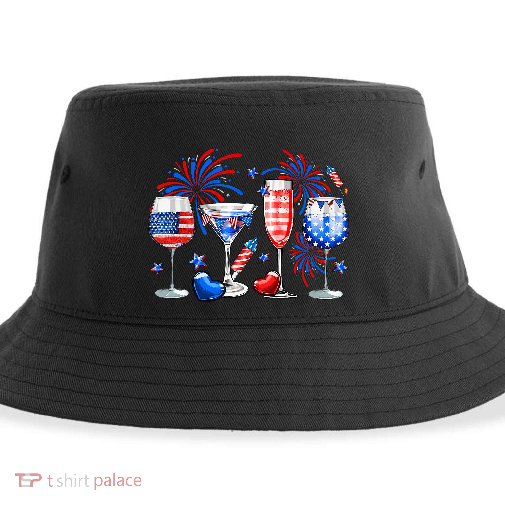 Happy 4th Of July Wine Glasses USA Flag Drinking Party Sustainable Bucket Hat
