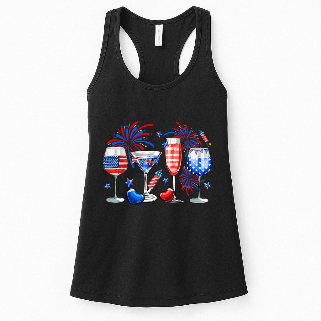 Happy 4th Of July Wine Glasses USA Flag Drinking Party Womens Tank Top