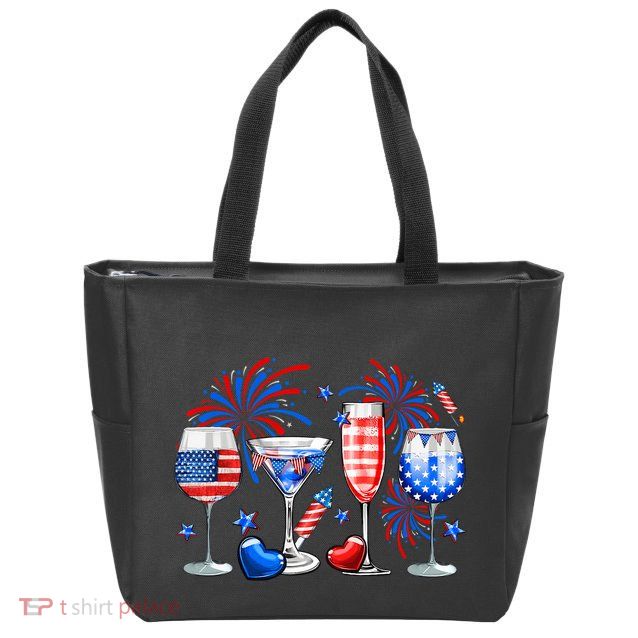 Happy 4th Of July Wine Glasses USA Flag Drinking Party Zip Tote Bag
