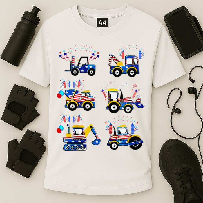 Happy 4th Of July Crane Truck Construction Cooling Performance Crew T-Shirt