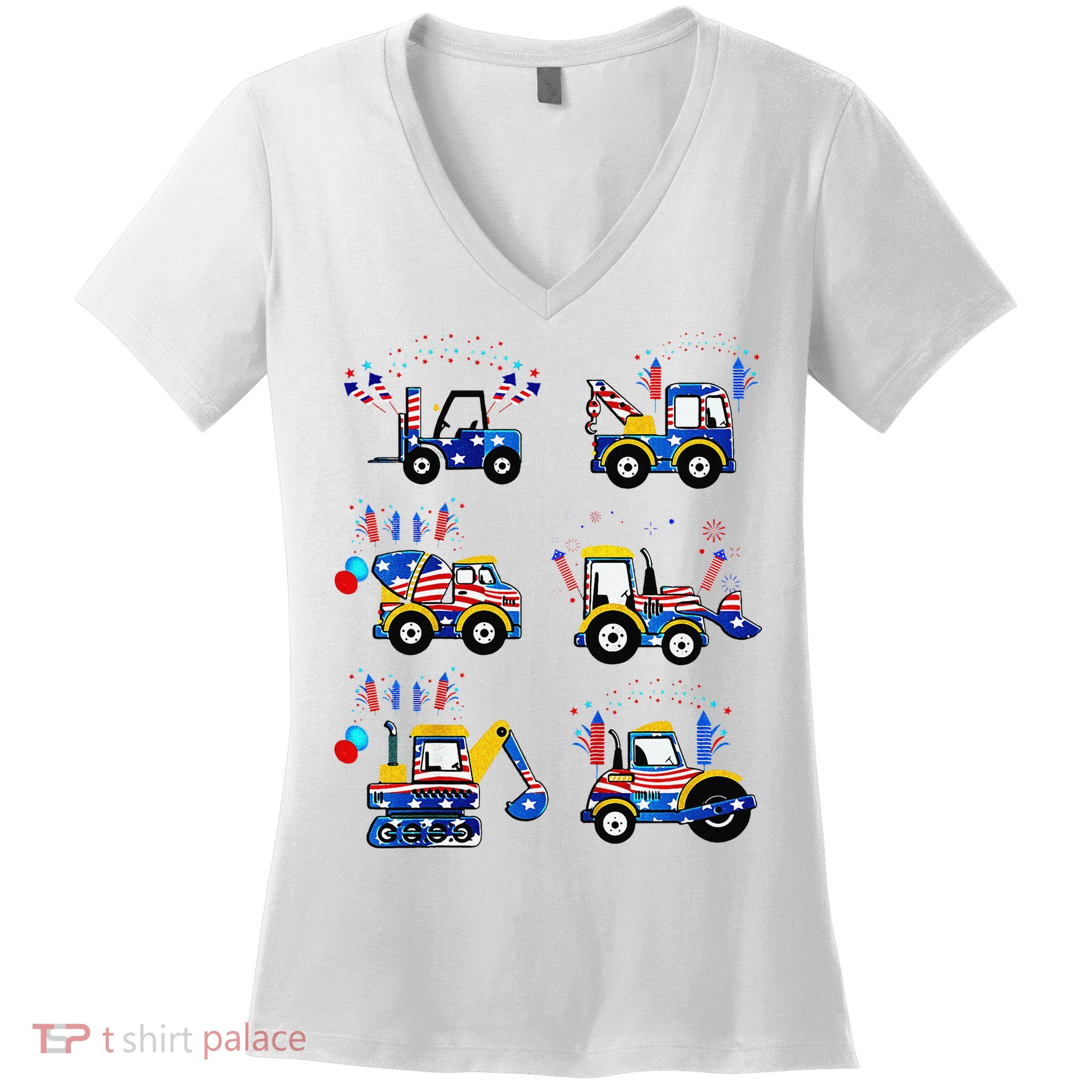 Happy 4th Of July Crane Truck Construction Women's V-Neck T-Shirt