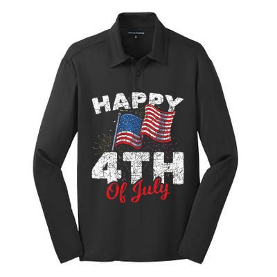 Happy 4th Of July Patriotic American US Flag 4th Of July Silk Touch Performance Long Sleeve Polo