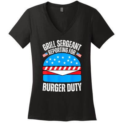 Happy 4th Of July Funny Burger Lovers American Usa Flag Gift Women's V-Neck T-Shirt