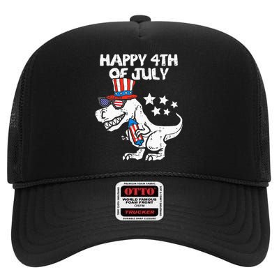 Happy 4th Of July T Rex Dino Dinosaur Baby High Crown Mesh Back Trucker Hat