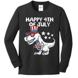 Happy 4th Of July T Rex Dino Dinosaur Baby Kids Long Sleeve Shirt