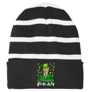 Happy 4th Of July Funny Joe Biden Leprechaun St Patricks Day Striped Beanie with Solid Band