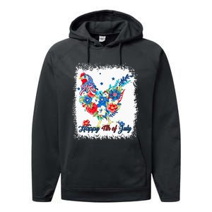 Happy 4th Of July Floral Chicken Flowers Patriotic Usa Flag Performance Fleece Hoodie