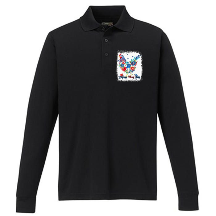 Happy 4th Of July Floral Chicken Flowers Patriotic Usa Flag Performance Long Sleeve Polo