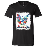 Happy 4th Of July Floral Chicken Flowers Patriotic Usa Flag V-Neck T-Shirt