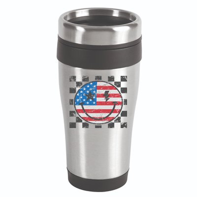 Happy 4th Of July Groovy Smile Face Red White Blue Usa Flag 16oz Travel Tumbler