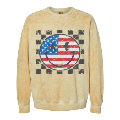 Happy 4th Of July Groovy Smile Face Red White Blue Usa Flag Colorblast Crewneck Sweatshirt